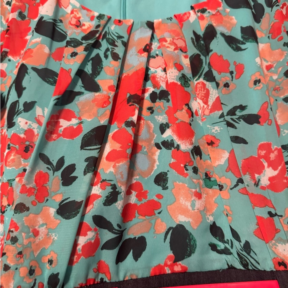 Alyx Teal and Red Floral Dress with Dark denim bottom and matching shoes - Picture 4 of 7